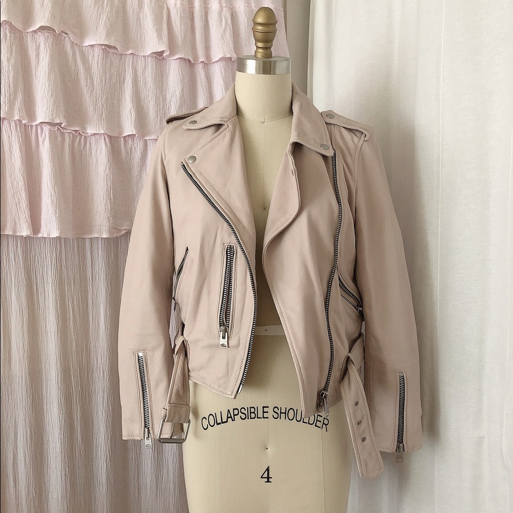 Allsaints washed pink leather balfern moto jacket